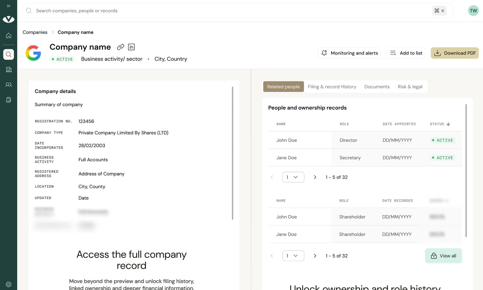 Vedi company intelligence interface in the browser
